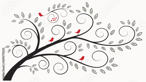 Aesthetic tree branch with red birds and heart shaped leaves on a white background in a decorative style