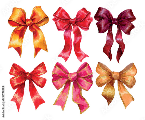 Watercolor set of vintage bows. Red, gold, burgundy and pink lush bows. elements for decor, gifts, holidays, etc. Watercolor retro bows. Vector illustration.