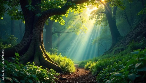 Deep in a wild forest, sunlight filters through dense canopy, illuminating the lush undergrowth and ancient trees  A sense of untamed nature prevails , exploration, roots
