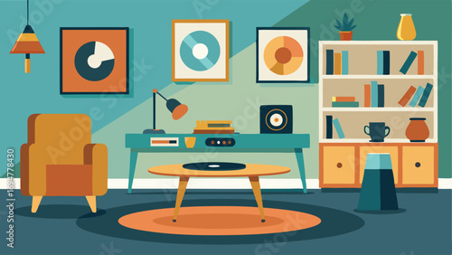 A living room with a midcentury modern coffee table a vintage record player and shelves filled with old vinyl records.