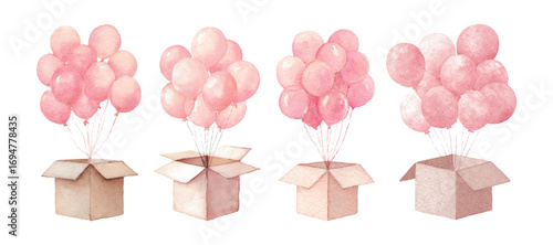 Pink watercolor balloons flying out of a box. An open cardboard box from which a group of pink balloons fly into the air. Romantic elements for birthday, greetings, Valentine's Day.