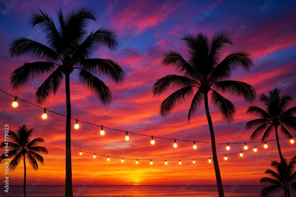 Obraz premium Silhouetted palm trees and string lights against a vibrant tropical sunset sky