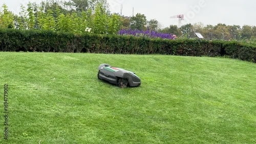 Autonomous robot lawn mower quietly trims grass in a smart garden, battery-powered and eco-friendly. Efficient landscaping tech delivers precise, low-maintenance care, saving time, energy, and costs.