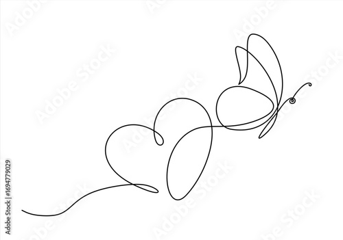 Continuous one line drawing of butterfly and heart. Flying butterfly route with with heart shaped. Hand drawn one line vector. Editable stroke