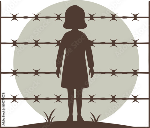 Silhouette child behind barbed wire fence confinement