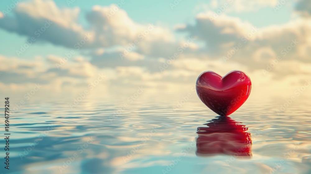 Fototapeta premium A red heart-shaped object floating on water with a cloudy sky in the background.