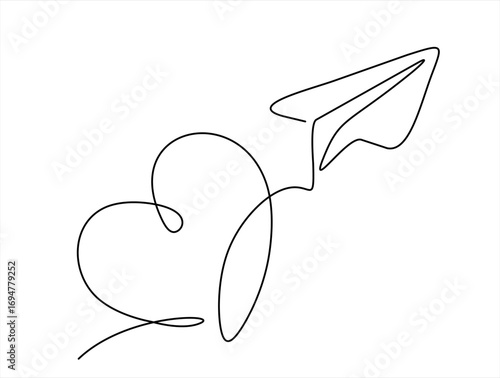 Continuous one line drawing of paper plane path in heart form. One single line paper plane route with start point and hearted way, aircraft with heart shaped trace.  Hand drawn. Editable stroke