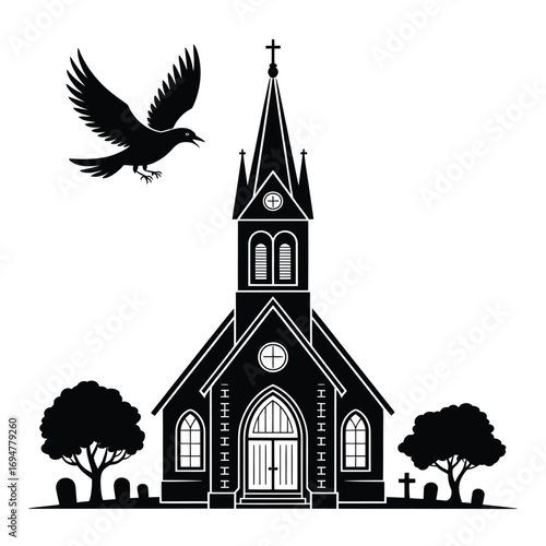 Gothic church with raven and graveyard silhouette