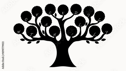 Silhouette of a family tree with leaves and branches and letters on top of each leaf circle design