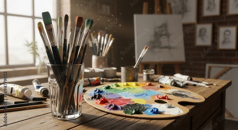 Fototapeta premium A sunlit wooden desk in an art studio displays a glass of brushes a palette with vibrant paints paint tubes and an easel in the background