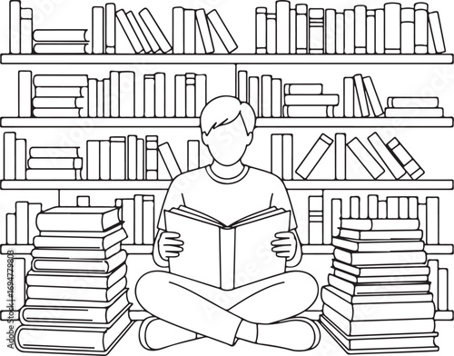 Line Art of Student Reading in Library