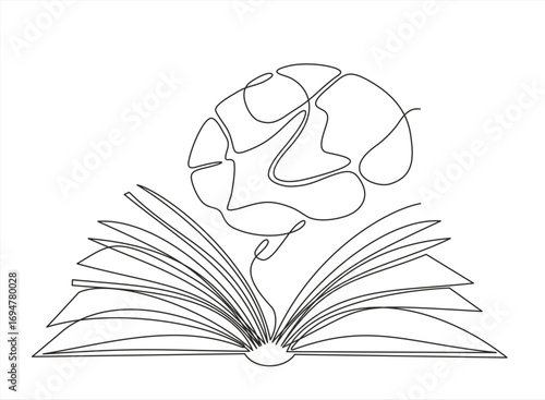 Open book lying down with human brain above continuous one line icon drawing. Book with brain symbol single line vector illustration in doodle style. Hand drawn one line vector. Editable stroke