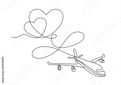 Continuous one line drawing of airplane path in symbol of infinity and heart form. One single line airplane route aircraft with heart shaped trace.  Hand drawn one line vector. Editable stroke