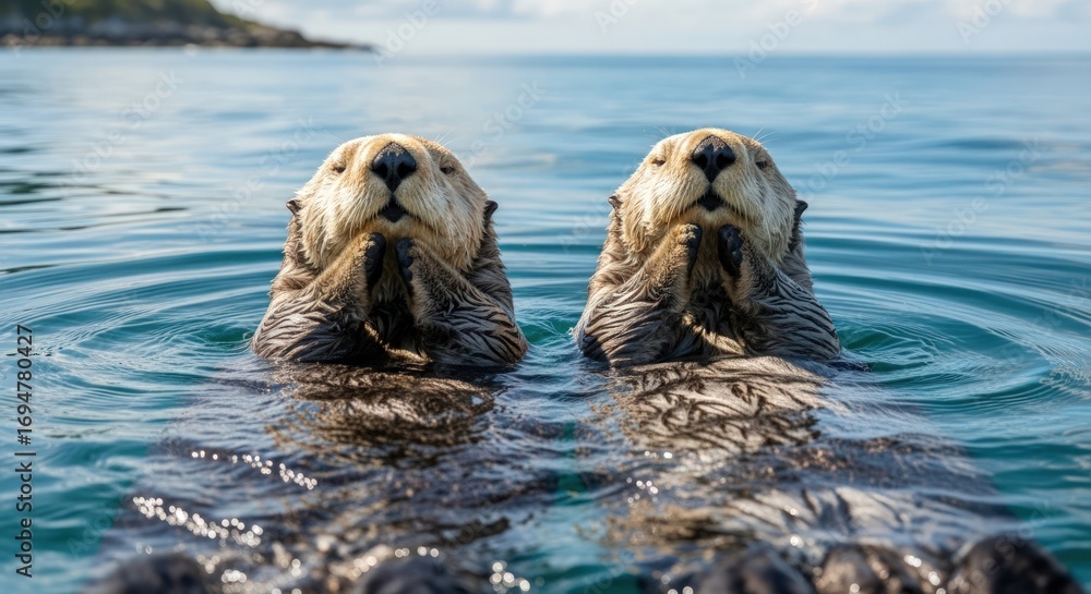 Fototapeta premium Two sea otters floating on water, holding paws together.