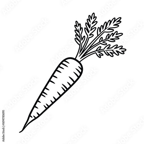 Simple hand drawn black and white outline of a carrot with green leaves