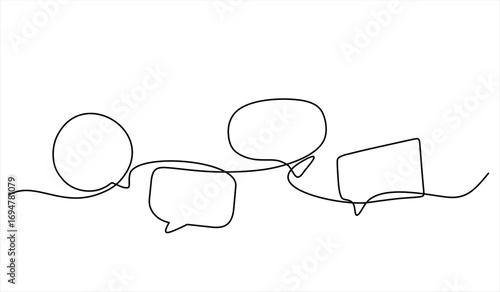 Continuous one line drawing of four speech bubbles with modern minimalist style on white background in black ink. Hand drawn one line vector. Editable stroke