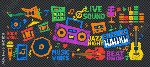 Crayon music sticker sheet shows rock doodle graphics, hand drawn instruments and notes. Crayon music artwork suits school project, t-shirt print, festival poster and abstract street collage.