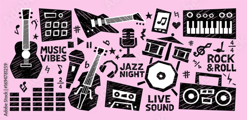 Crayon music sticker pack combines rock doodle art, hand drawn notes and retro shapes. Crayon music vector fits festival banner, poster design, wallpaper, social media post and vintage notebook cover.