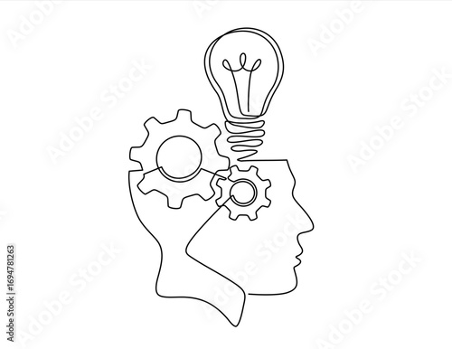 Continuous one line drawing human head with bulb and gears inside. Outline contour symbol technology progress vector illustration. Creativity process. Hand drawn one line vector. Editable stroke