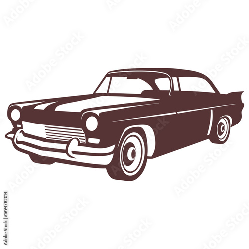 Vintage maroon sedan with white racing stripes and chrome accents brown