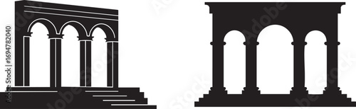 Classical Architecture Silhouettes – Roman Arch, Ancient Ruins, Historical Building Symbol for Design