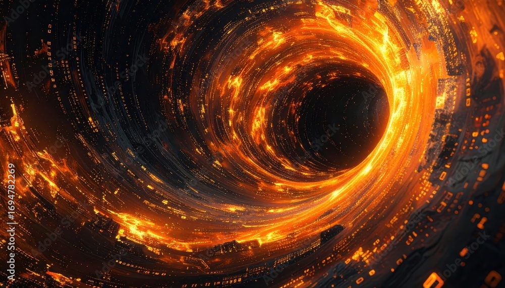 Obraz premium A swirling, fiery vortex tunnel, filled with glowing orange and dark elements, creates a captivating and otherworldly visual effect.