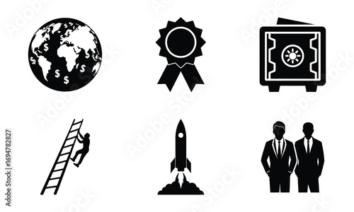Business and Finance Silhouette Icons Set Team Celebration Trophy Career Ladder Safe Vault Rocket Launch Startup Globe Currency Signs Award Medal Vector Illustration White Background