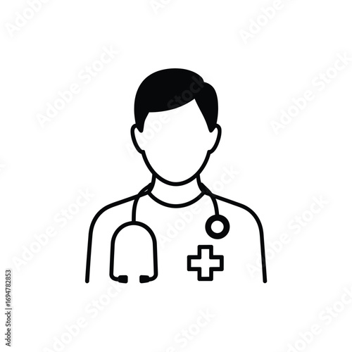 Simple line art icon of a doctor with stethoscope and medical cross