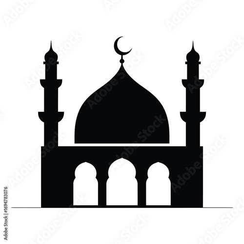 Silhouette of a mosque with dome and minarets against white background