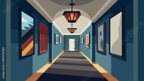 A hallway with recessed lighting a mix of traditional and modern artwork and a statement light fixture.