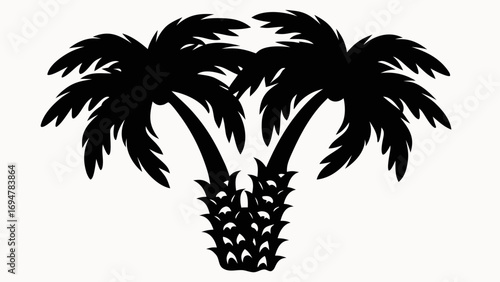 Silhouette of two palm trees with detailed fronds and textured trunks on a white background scene view