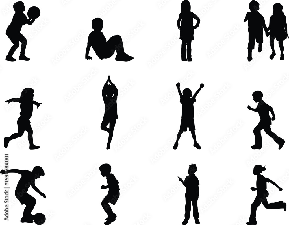 Naklejka premium Children silhouette, playful kids, black vector icon, childhood activity, sports, running, ball, yoga pose, excited, energetic, friendship