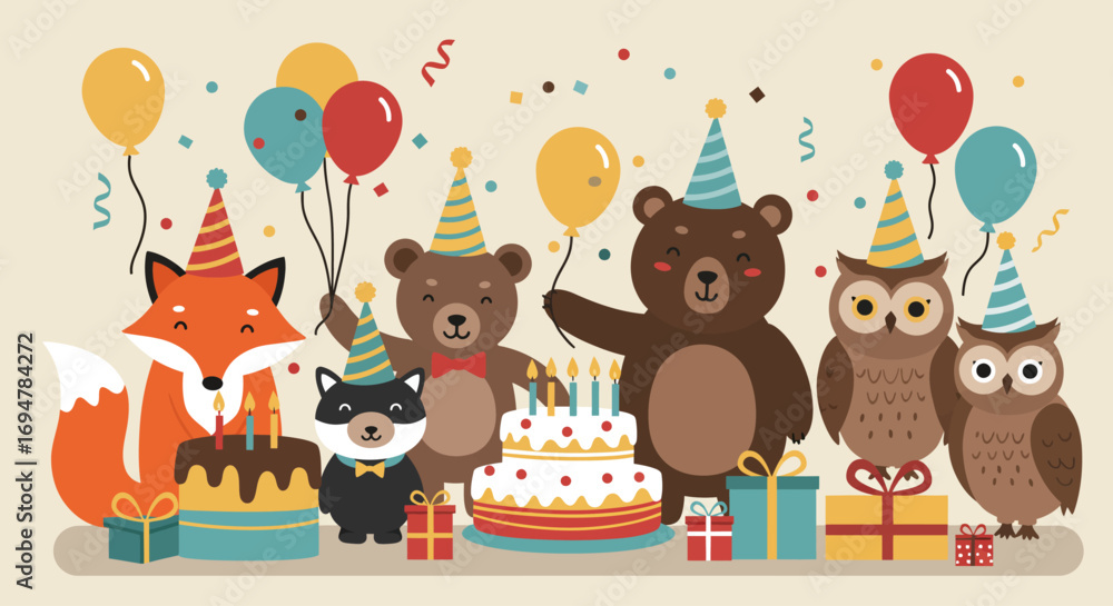 Naklejka premium This charming flat design illustration shows a group of joyful animals celebrating a birthday with cake, gifts, and balloons, radiating happiness and friendship.
