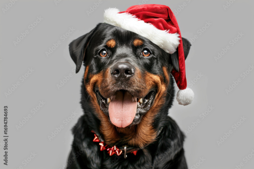 Obraz premium A Rottweiler dogs wearing Santa hats, posing for a festive Christmas portrait against a gray background.