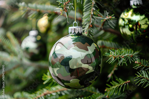 Wallpaper Mural Camouflage-patterned Christmas ornaments hanging on a pine tree, blending military style with festive holiday decorations. Torontodigital.ca