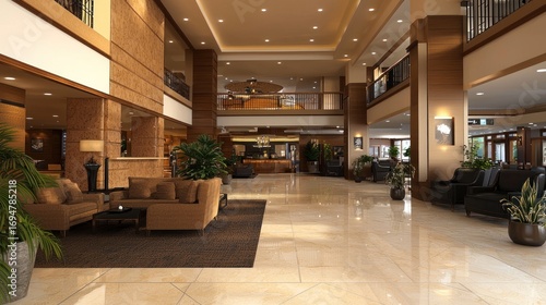 A spacious hotel lobby with a high ceiling, multiple levels, and a large seating area with plush couches and potted plants. The room is well-lit with natural light