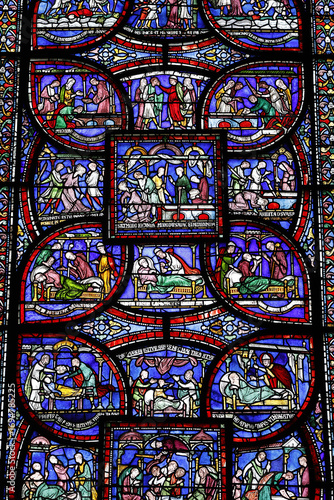 Canterbury cathedral, Kent, U.K. Stained glass. Becket miracle window, Trinity chapel ambulatory
