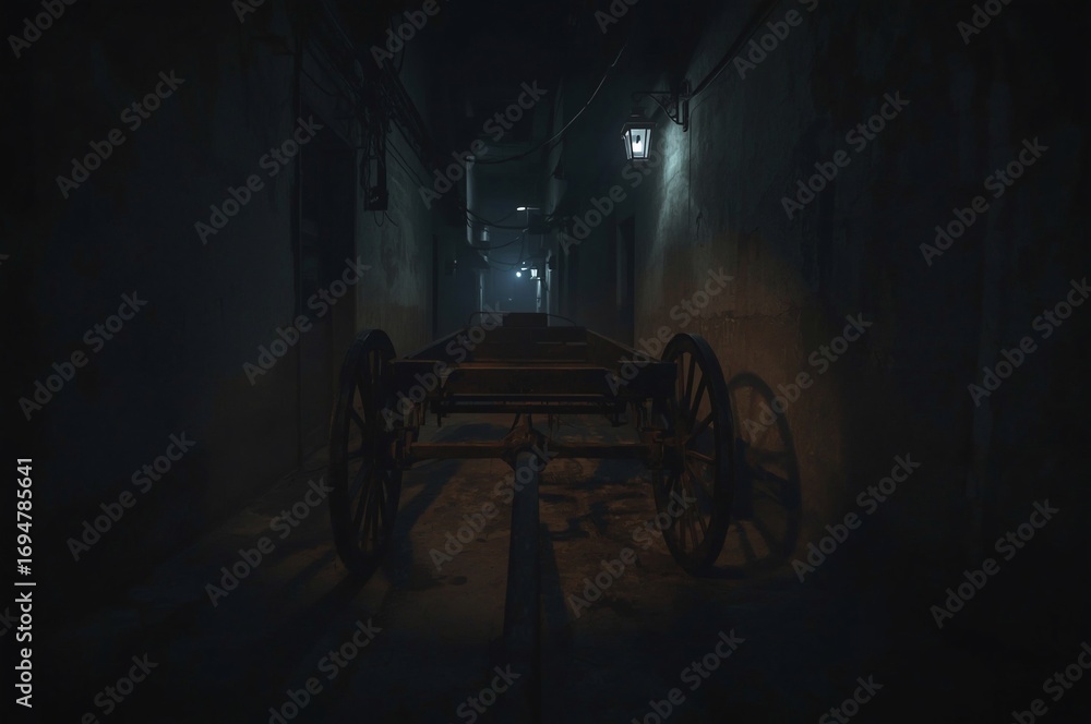 Obraz premium An aged wooden cart rests silently in a narrow alley. Faint light casts long shadows. The gritty walls and wires add a cinematic and mysterious mood.