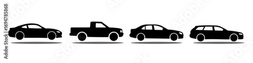 Set of silhouettes of passenger cars - sedan, pickup, station wagon and sports car. Black contour shapes isolation on white background, vector illustration for transport and automotive theme.