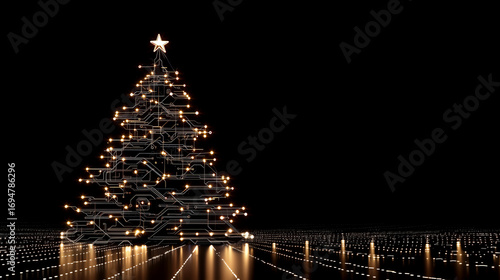 Futuristic Christmas tree glowing with circuit design and LED lights symbolizing technology, innovation and holiday digital art.