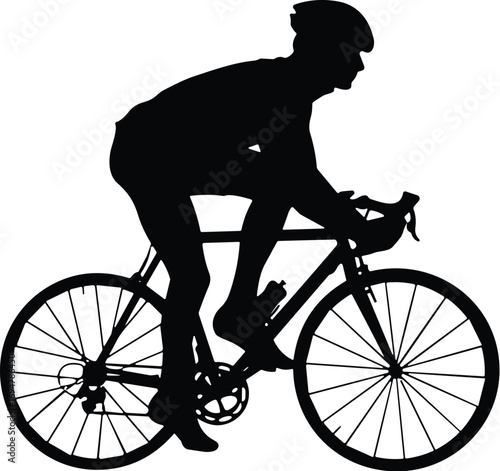 Cyclist silhouette illustration, road bike rider, helmet safety pose, outdoor activity icon, black vector design, exercise motion graphic