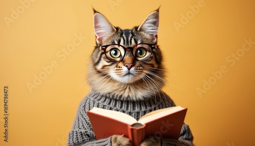Tabby cat wearing spectacles and knitted sweater reads open book. Cute feline character displays studious and intelligent demeanor with curious whiskers and fluffy fur against warm orange backdrop.
