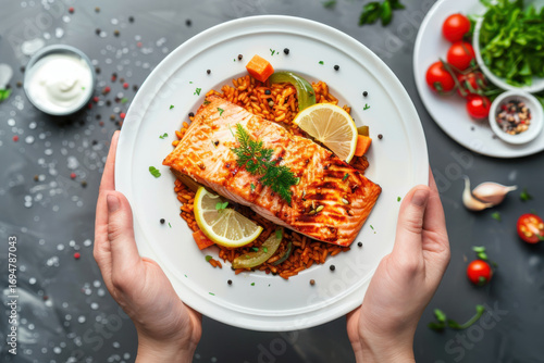 Top view of hands holding a plate with grilled salmon, rice, lemon slices, and herbs on a dark background.