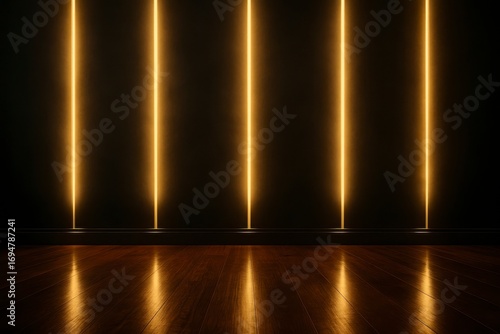 Wallpaper Mural Vertical glowing orange neon lights illuminating a dark studio with reflective floor Torontodigital.ca