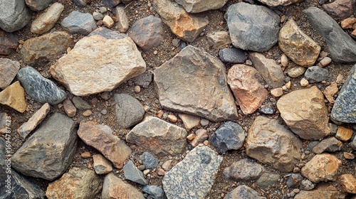 A collection of rocks and pebbles scattered across a sandy surface, with a mix of large and small stones, creating a textured and natural background.