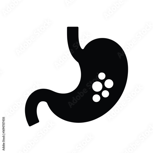 Black silhouette of human stomach with small circles inside