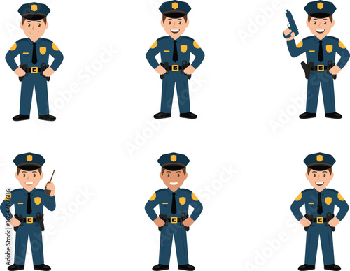 Cartoon vector illustration of police officers in uniform with gun, radio, and different poses for law enforcement and security design