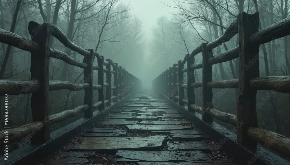 Obraz premium Eerie wooden bridge with broken planks receding into misty forest. 3D rendered illustration evokes a sense of mystery and abandonment, suitable for video game concepts or atmospheric backgrounds.