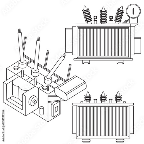 High-voltage power transformer vector illustration showing coils, bushings, radiator fins, and insulators. Technical outline drawing for electrical engineering, energy, and distribution systems.