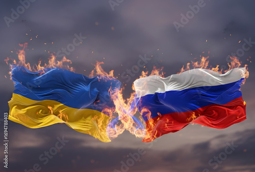 Wallpaper Mural Burning flags of Ukraine and Russia symbolizing war and conflict. Torontodigital.ca